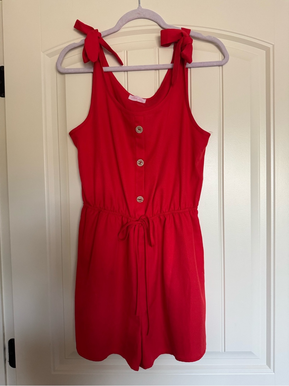 Pink Lily Red Tie-Shoulder Button Romper